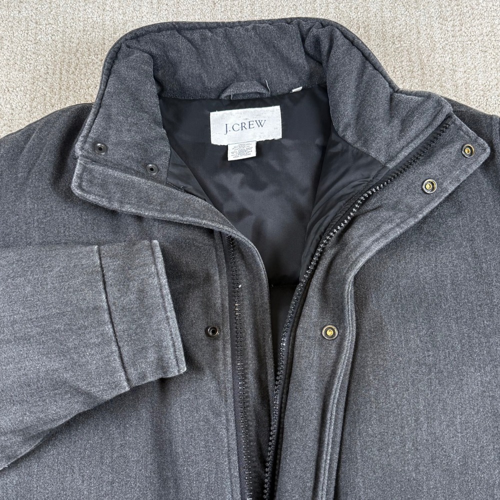 J Crew Mens Medium Gray Down Fill Full Zip Snap Puffer Parka Chore Jacket